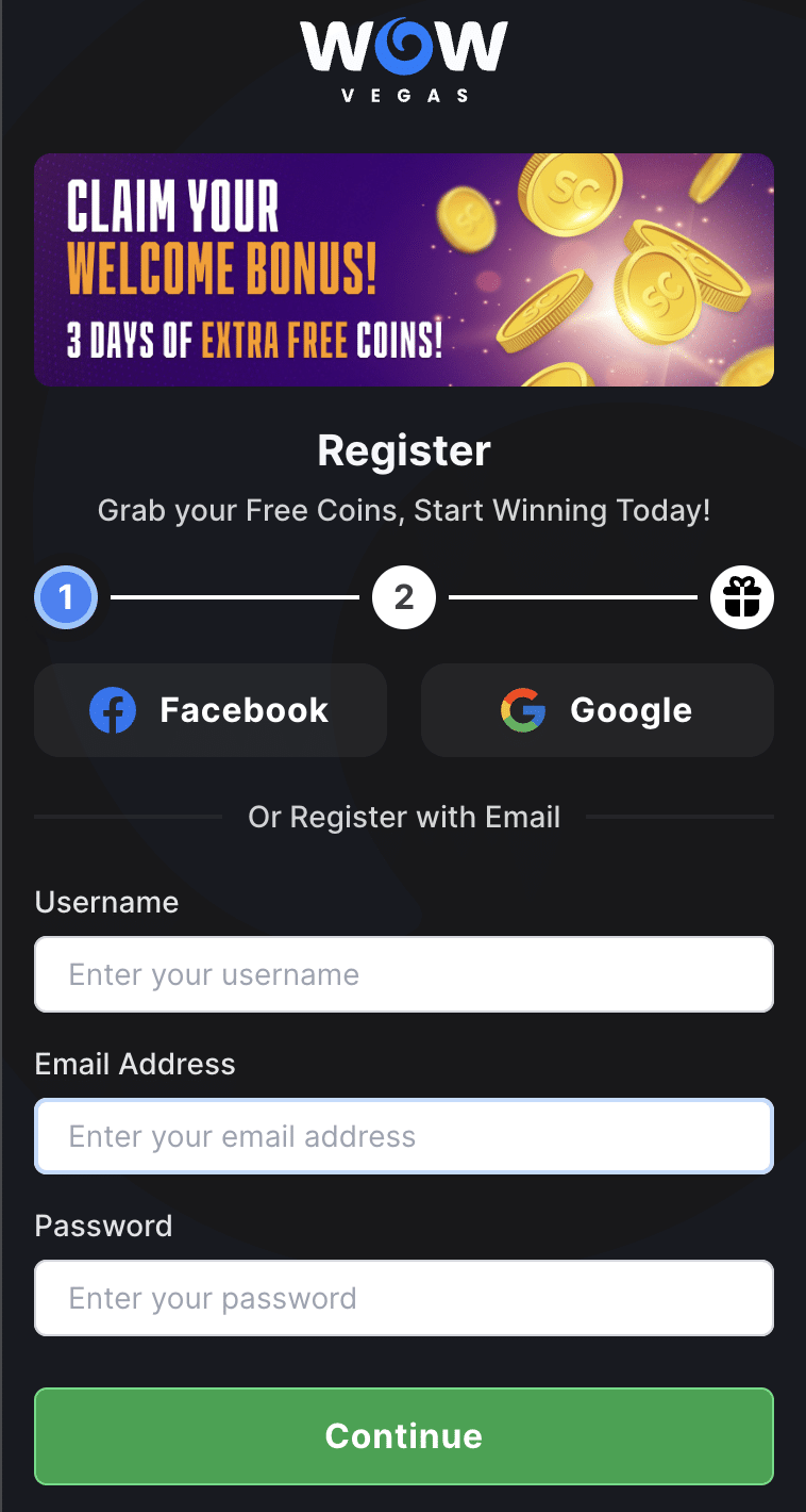 Sign up page at WOW Vegas sweepstakes casino